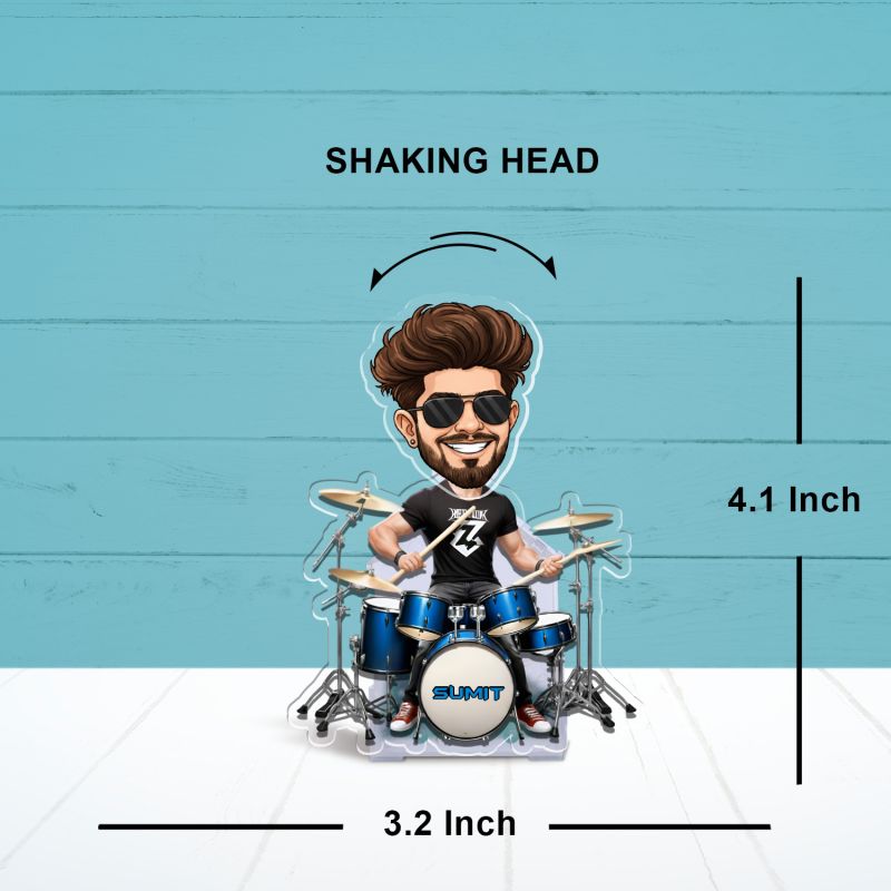 Personalized Drummer Boy Bobblehead Caricature, Custom with Photo Cartoon Face Cutout & Name Solar Powered Moving Head for Tabletop Decor Gift for Music Lover